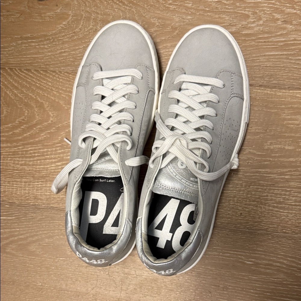 P448 Women’s Light Gray/Silver Leather Low-Top Sneakers with White Laces